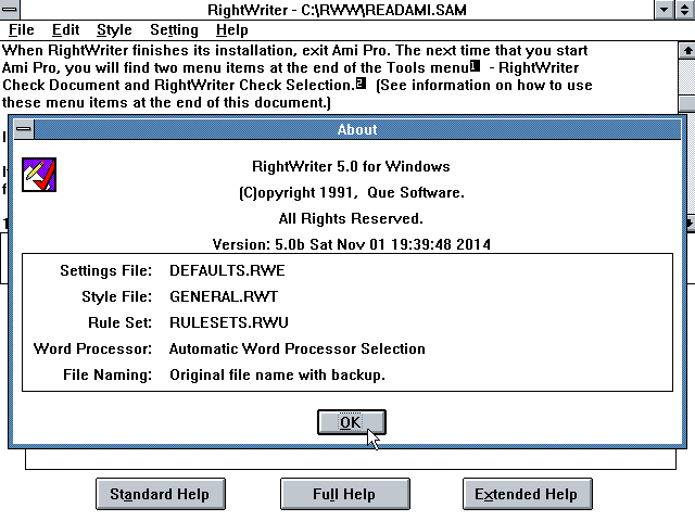 RightWriter 5.0b for Windows - About